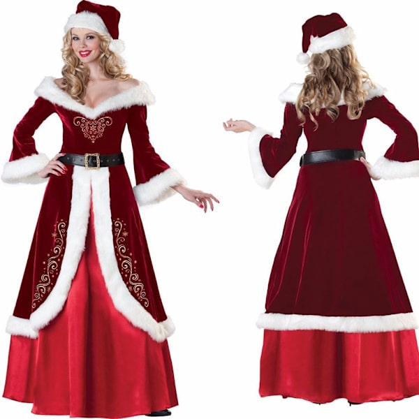 Deluxe Juldräkt Cosplay Par Santa Claus Uniform Semester för Män Kvinnor Red