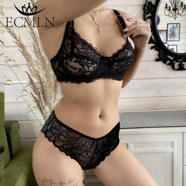 Sexiga Kvinnor Push Up Bygel Spets BH Set Ultratunn Transparent Underkläder Bikini BH Tros Set Bekväma Sovunderkläder Black 85BC