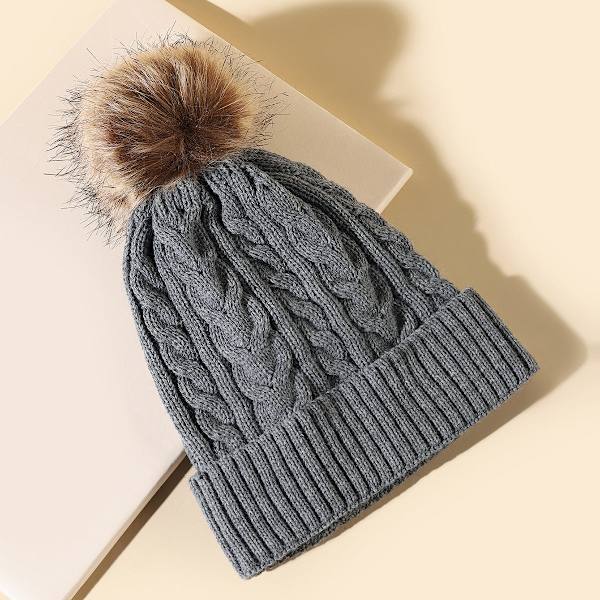 Syksyn ja talven uusi iso turkispallo villapipo, universaali yksivärinen yksikerroksinen reunus lämmin neulottu hattu naisille Heather Gray Average size