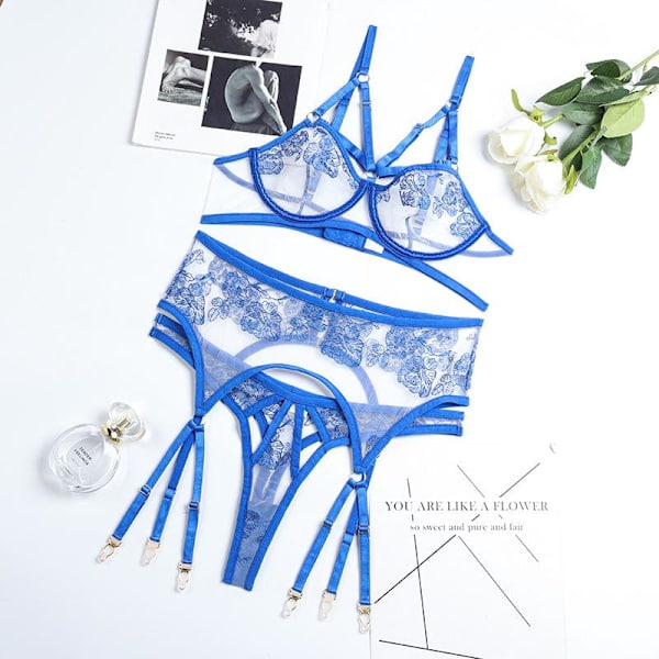 Aduloty Erotiska underkläder för kvinnor, tunn sektion, genomskinlig mesh, broderi, sexiga underkläder, bygel-bh, strumpebandshållare, stringtrosa Blue M