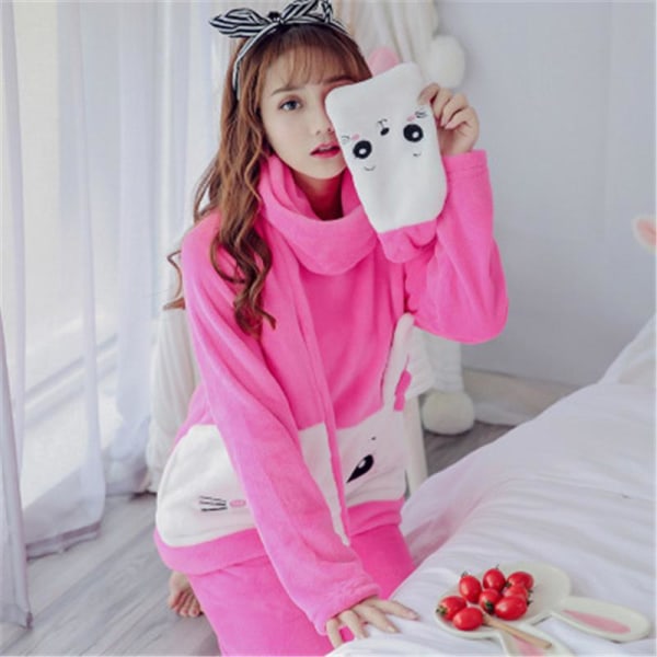 Syksyn ja talven korallifleecestä valmistetut pyjamat naisille, plus velvet, lämpimät pitkät hihat, flanellipuku opiskelijoille Pink M
