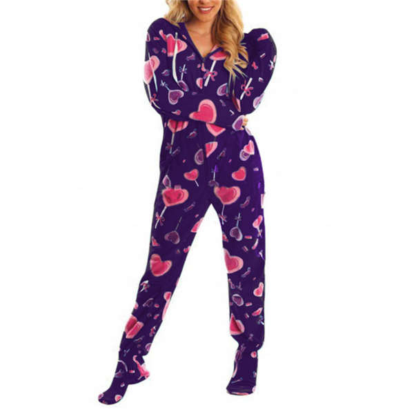 Dam Vår Höst Jumpsuit med Huva Tryck Varm Långärmad Ledig Lös Romper Dam Hem Pyjamas Purple S