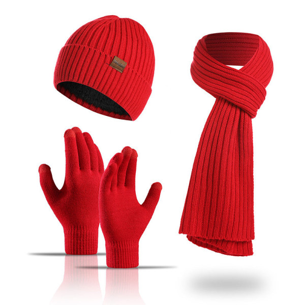 Höst och vinter Ny stickad mössadräkt herr och dam vinter enfärgad halsduk hatt i tre set Bright red