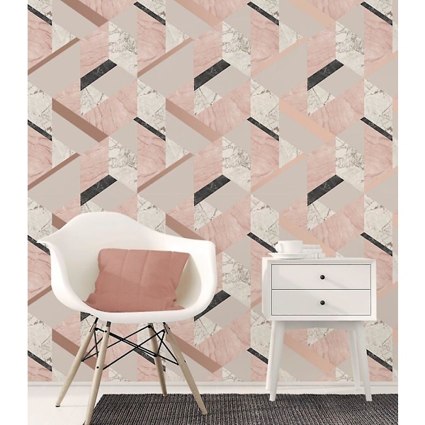 Vaaleanpunainen metallinhohtoinen ruusukultainen marmorikuvioinen geometrinen tapetti, ylellinen Fine Decor -tuote