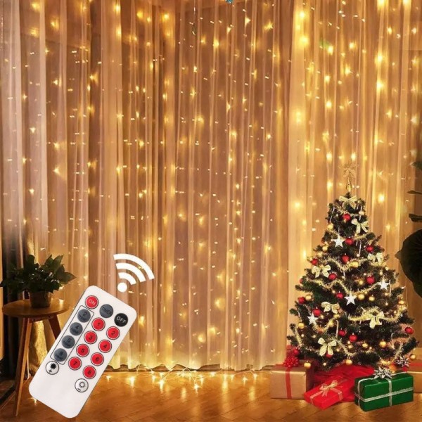 Jul USB Gardin Slinga Girlang Ljus Fjärrkontroll Fairy Light Juldekor för Hem Bröllopsfest Högtidsbelysning Warm White 3M x 2M