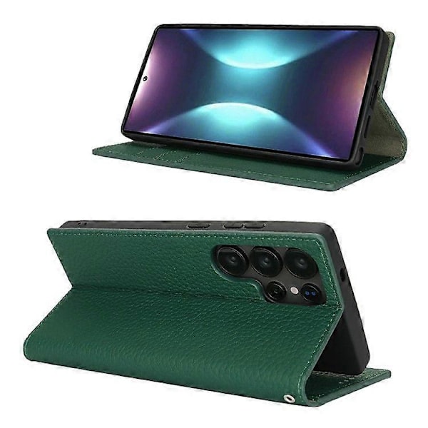 Plånboksfodral i äkta koläder med Litchi-textur för Samsung Galaxy S25 Ultra Green
