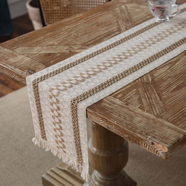 Bordløper i bomull og lin, stripet søm, to-farget vevd dusk, naturlig materiale, amerikansk duk Three hemp string 30*275 (including tassels)