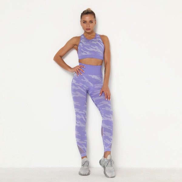 Europeiska och amerikanska damkläder Mesh Camouflage Sömlös Slim-Fit Yoga Wear Sportdräkt 6203 bra and trousers set-purple L