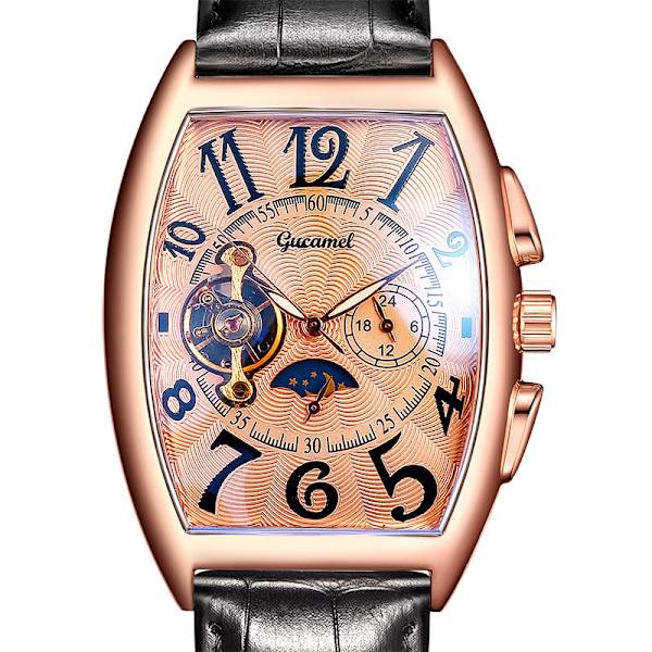 Herrklocka Tonneau Mekanisk Herrklocka Hjul Automatisk Urholkad Mekanisk Klocka Rose gold shell black surface