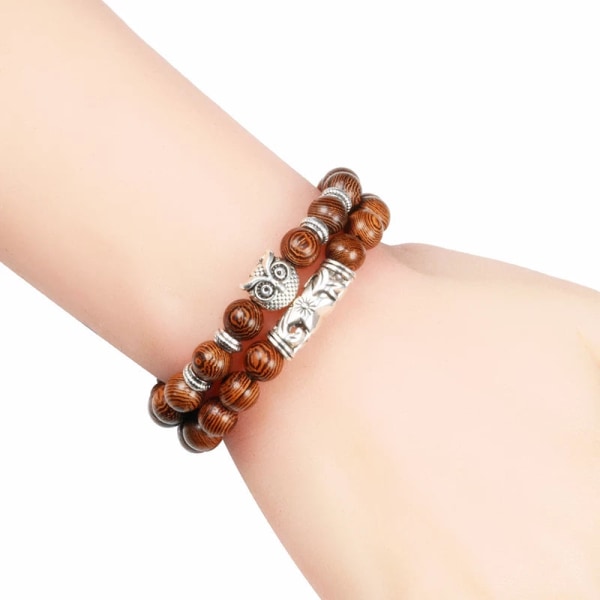 Herrarmband Träpärlor Kors 7 Chakra Healing Balans Onyx Armband & Armringar Uggla Bön Reiki Buddha Dam Smycken Homme Buddha Head