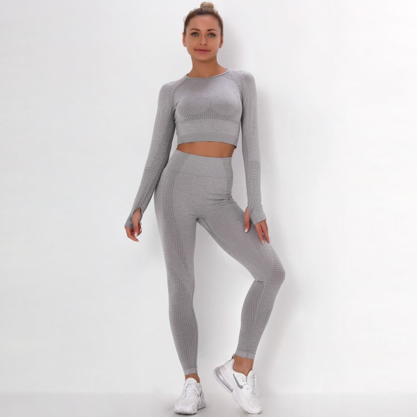 Europeisk og amerikansk prikkete jacquard sømløs sportsdrakt langermet gradient fitness yoga klær skinny yoga bukser kvinner 9149 long-sleeve suit-navy blue L