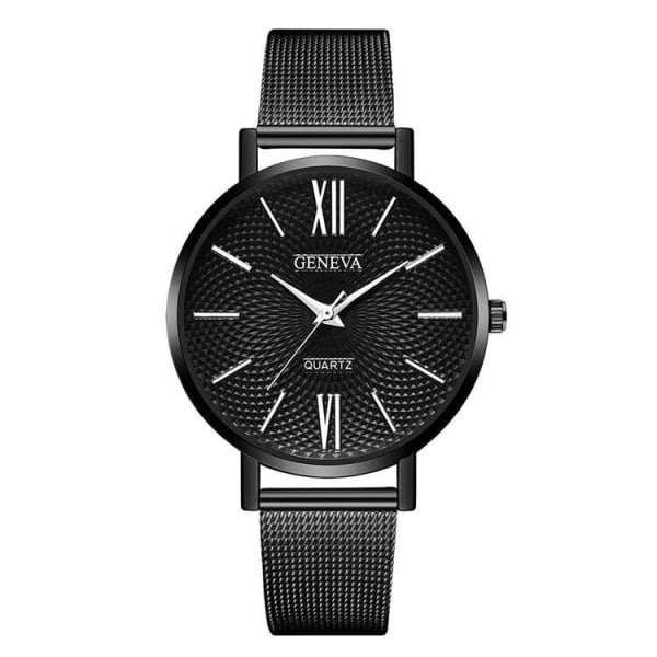 Personligt kreativt tryck Watch Roman Scale Fashion Mesh Armband Quartz Watch Dam Black
