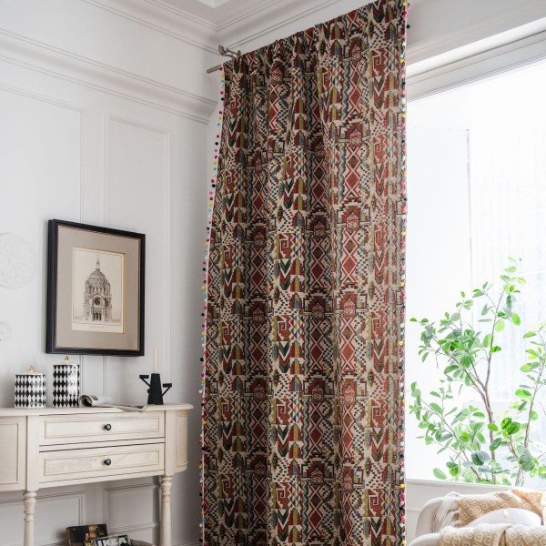 Boho Geometrinen Boheemi Verho Makuuhuoneeseen Olohuoneeseen Puuvilla Pellava Painetut Koristeverhot Tupsulla Kodin Sisustus E0011 W150XH180