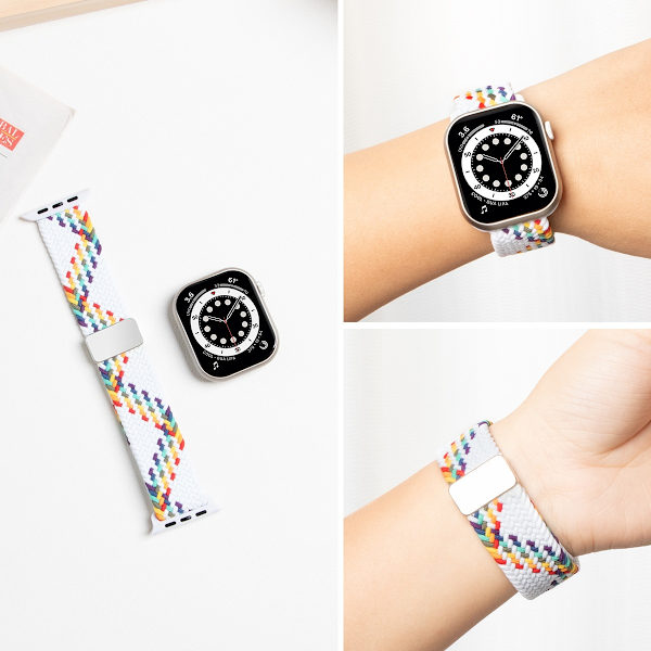 Klockarmband för Apple Watch iWatch för 38-40-41mm Z-mönster - vit regnbågsmetall starkt magnetspänne
