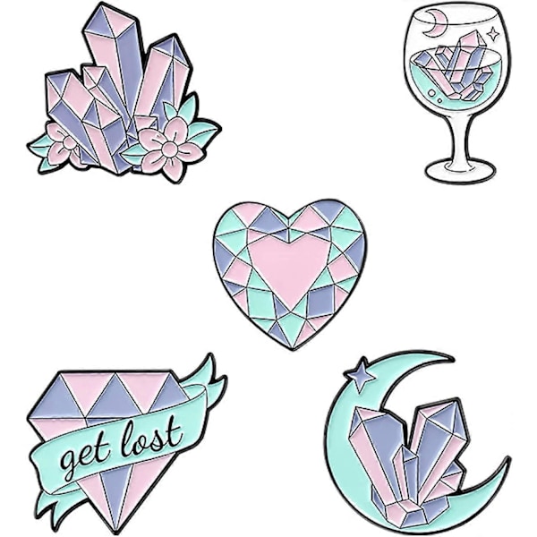 Klistermärken Set med 5 Emalj Slag Pins Diamant Kristallkluster Måne Vinglas Pins för Flickor Gåva Slag Pins Tillbehör för Ryggsäckar Märken Hattar Väskor