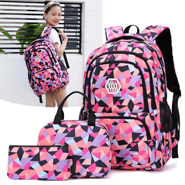 Koulureppusetti Vedenpitävä Nylon Geometrinen Teini-ikäiset Tytöt Pojat Ala-asteen Lapset Koululaukut Kirjalaukku Suuri Tilavuus Mochila Rose Red 1 Set