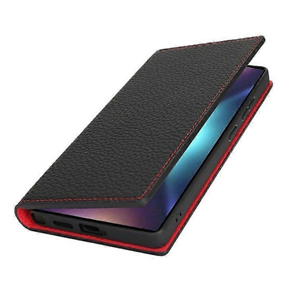 Plånboksfodral i äkta koläder med Litchi-textur för Samsung Galaxy S25 Ultra Black
