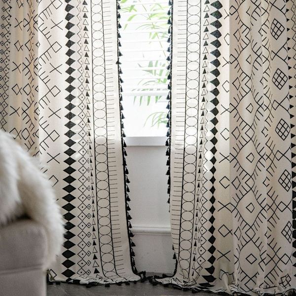 Boho Bomulls- og Lintegritygardin Amerikansk Duskelavslutning Svart og Hvit Trykte Gardiner for Stue Soverom Kjøkken Hjemmetekstil KC40 W150xL220cm