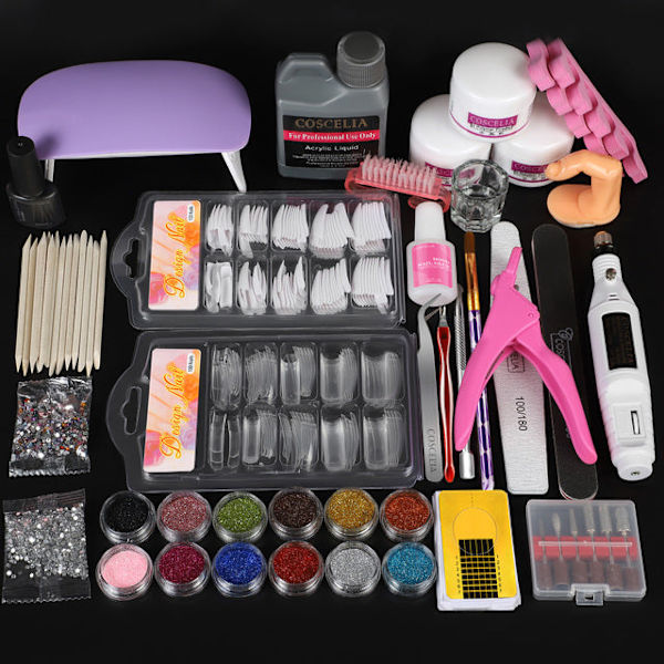 Akrylpulver Set Nagel Torklampa Nagelborr Glitter Allt För Manikyr Maskin Verktyg Borste Professionell Nagelkit Naglar Set A