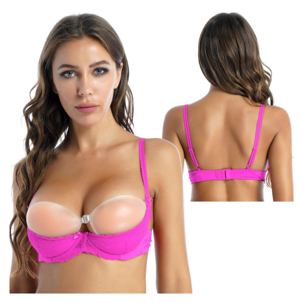 Dam 1/2 kopp Push Up BH Top Bygel Spets BH Sexig Erotisk Open Cup Bustier BH Justerbar rem Spong Vadderad BH Underkläder Pink XL