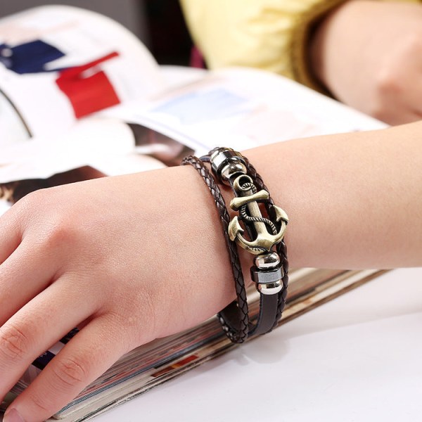 Ornament Simpel Multi-Lag Vævet Bådanker Okse Læder Armbånd Mode Populære Retro Herre- og Damearmbånd Black pigu silver accessories 23CM
