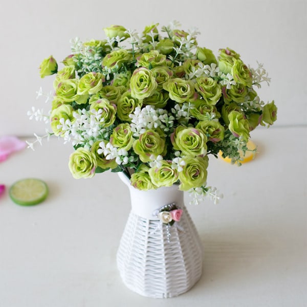 15 Hoveder Mini Roser Buket Kunstig Blomst Bryllupsscene Layout Falske Blomster Stue Skrivebord Jule Hjem Indretning Tilbehør Green