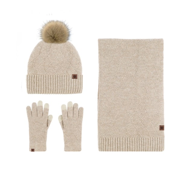 Mössa Halsduk Handskar Tredelat Set Köldtålig Pälsboll Fleecefodrad Stickad Kostym Camel three-piece suit