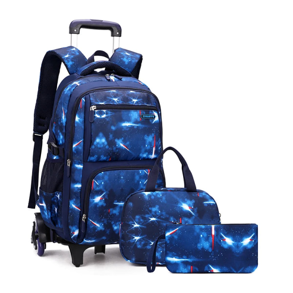 Med Lunchlåda Skolväskor Rullande ryggsäck för pojkar Rullväska Bärväska Barnbagage Primary Junior High School Bag 6 wheels dark blue