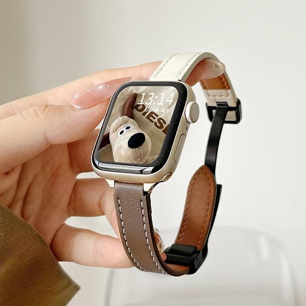 Urrem til Apple Watch iWatch til SE2/6/5/4 40 mm læder foldbart magnetisk spænde - råhvid med brændt brun