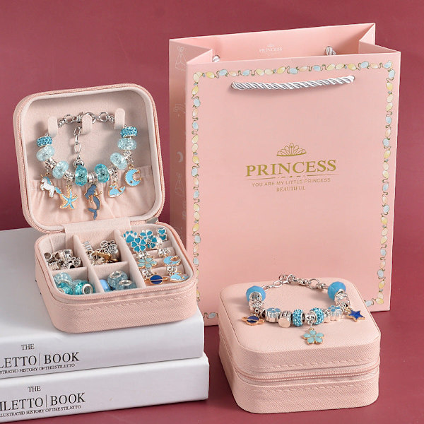 Barns Pedagogiska Handgjorda DIY Pärlarmband Set Kreativt Smyckesarmband Set Presentförpackning Blue jewelry box 66PCs