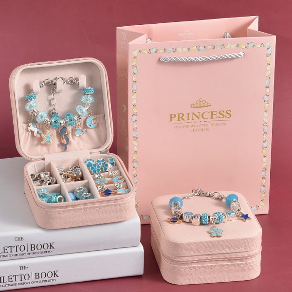Børns Pædagogiske Håndlavede DIY Perlearmbåndssæt Kreativt Smykkearmbåndssæt Gaveæske Red jewelry box 66PCs