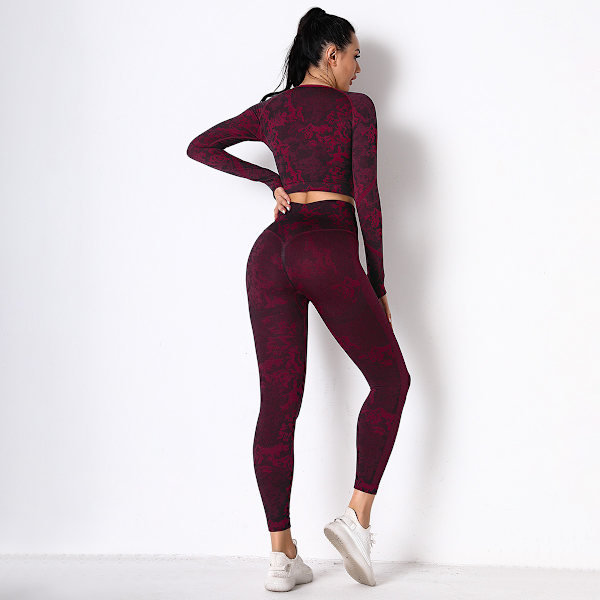 Joogavaatteet Naiset Saumaton Neulottu Camouflage Korsetti Jooga Puku Korkea Elastinen Korsetti Pitkähihainen Joogahousut Naiset 6321 long sleeve trousers suit-Gray L