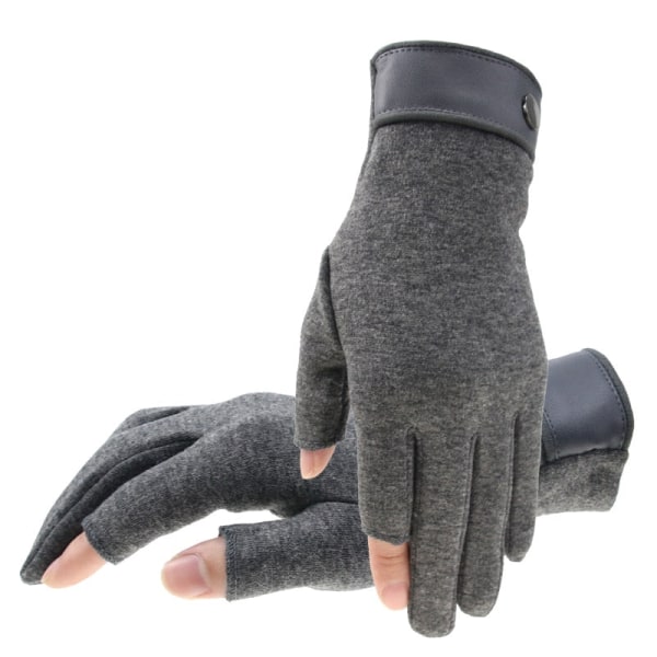 Vinter män vante 2 fingrar exponerade Håll dig varm Pekskärm Vindtät Tunn Guantes Körning Anti-halk Utomhusfiske Manhandskar Grey Free Size