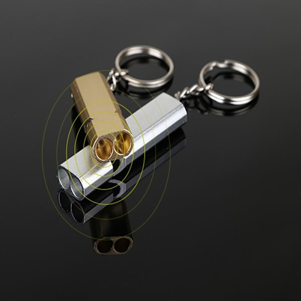 Dubbelpipig överlevnadsvisselpipa i aluminium, säkerhetsvisselpipa för utomhusbruk, portabel vandring, camping, överlevnad, nödsituation, nyckelring, multiverktyg A02-Gold Suitable