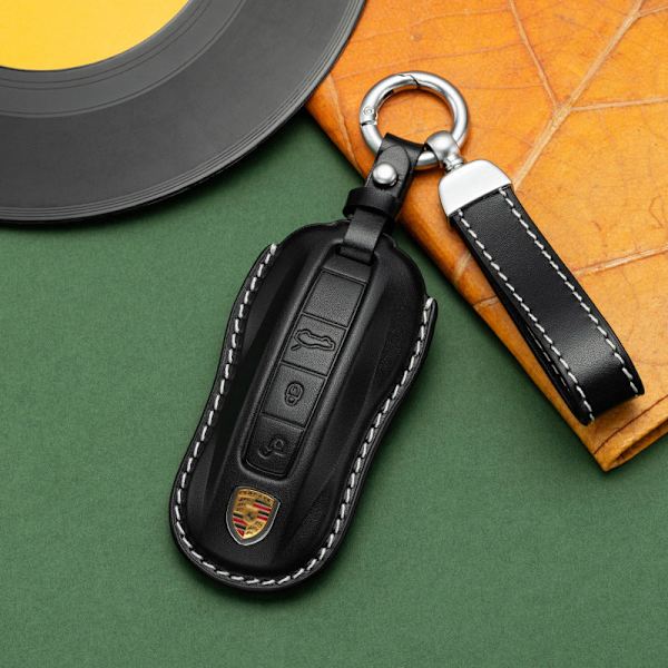 För Porsche Cayenne Taycan Nyckelskydd Panamera Macan718/911 Bilnyckel Skyddsskal Äkta Läder Väska Brown leather hanging buckle