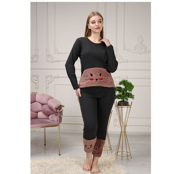 Katt Brodert Fleece Pyjamas Sett for Kvinner Brown 40