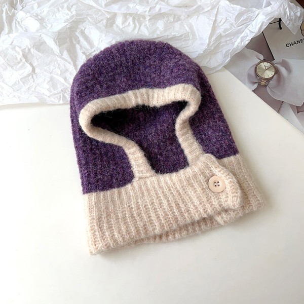 Fransk mössa Kvinna Vinterhalsvärmare Scarf Cover nischstickad yllekeps Thermal cap Button (hat) Purple Elastic