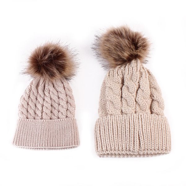 Kreativ Ny Efterår og Vinter Vild Pelskugle Varm Mor Baby Forældre-Barn Strikket Hue White Adjustable