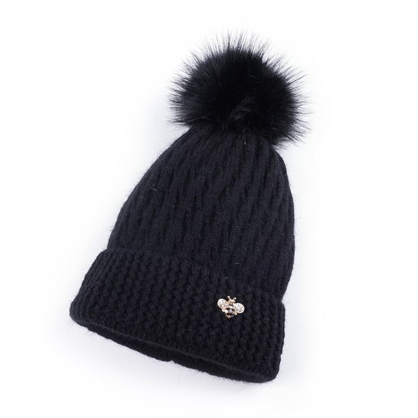 Höst och vinter Ny förtjockad tjock päls boll cap stickad utomhus varm mössa stickad student Black Adult (55-58cm)