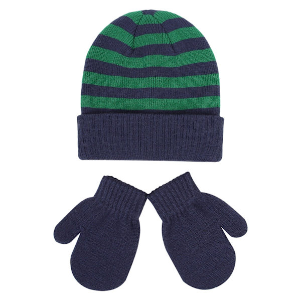 Hue Handsker Sæt Drenge og Piger Stribet Uldhue Varm Handske Taske Sæt Todelt Sæt M size navy blue green stripes