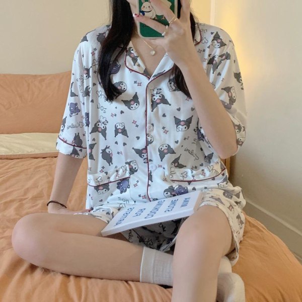 Sommer Ins Kortærmede Shorts Søde Kulomi Sommer Pyjamas Studenter Tidligt Efterår Cardigan Hjemmetøj Like the picture XXL