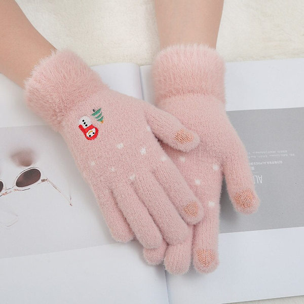 Dam Vinter Varma Handskar Snögubbe Broderi Virkad Yllehandske Pekskärm Mjuka Pälsiga Helfinger Vantar Julklappar A White One Size