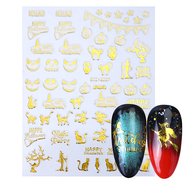 3D Halloween Nageldesign Anime Joker Spindel Orm Sliders Nageldekaler Självhäftande Dekaler Flickor Barn Party Manikyr GLF794 STZ-G037 Gold