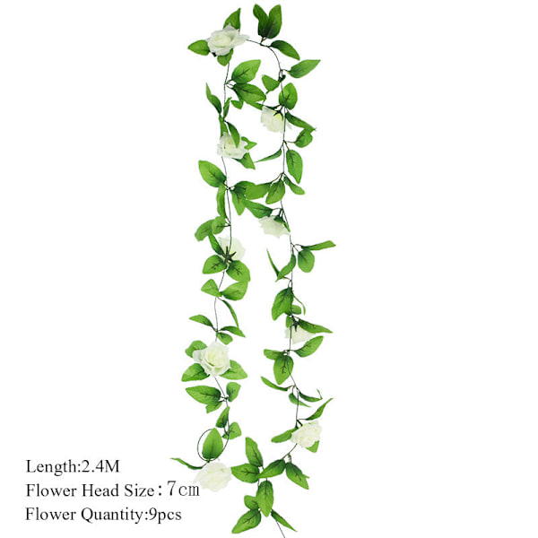 2,3 m Blomsterguirlande Kunstig Blomstersnor med Blade Silke Sakura Kirsebærblomst Efeu Ranke til Hjemmehave Bryllupsbue Dekoration F12 white green vine