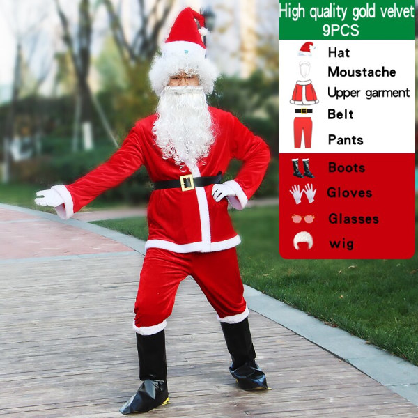 Julemandskostume mænd hat bælte skæg gavepose cosplay sød sjov polyester materiale ny stil Hvid og rød 6PCS 4XL