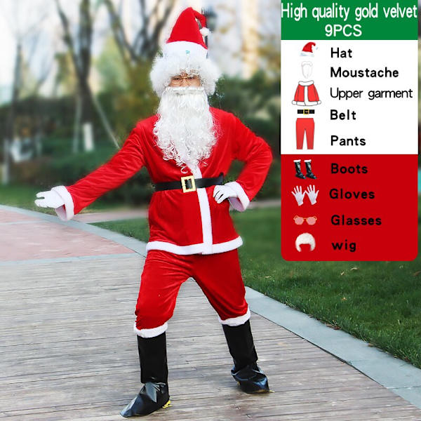 Tomtedräkt män hatt bälte skägg presentpåse cosplay söt rolig polyestermaterial ny stil Vit och röd 9PCS-C 4XL