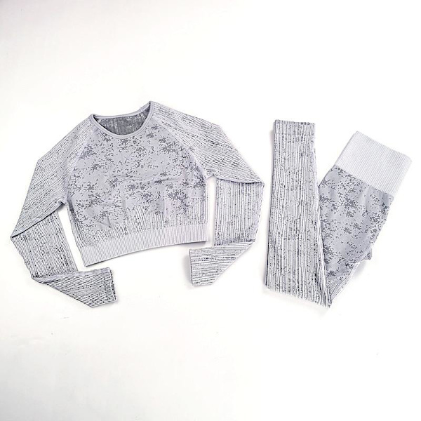 Yoga Set Långärmad Crop Top T-shirt Leggings Träningsdräkt För Kvinnor Gray Set M