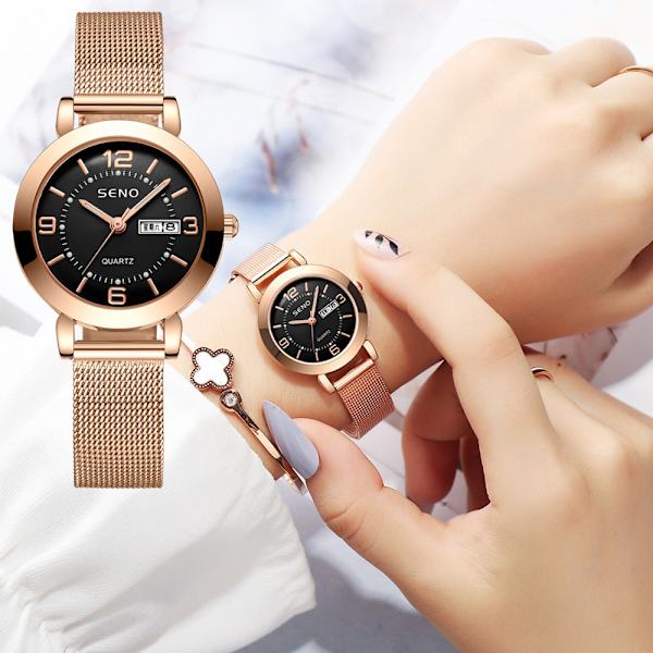 Kvartsikello Ei-mekaaninen Naisten Kello Valoisa Vedenpitävä Kaksoiskalenteri Naisten Opiskelijan Teräsrannekello Rose gold face