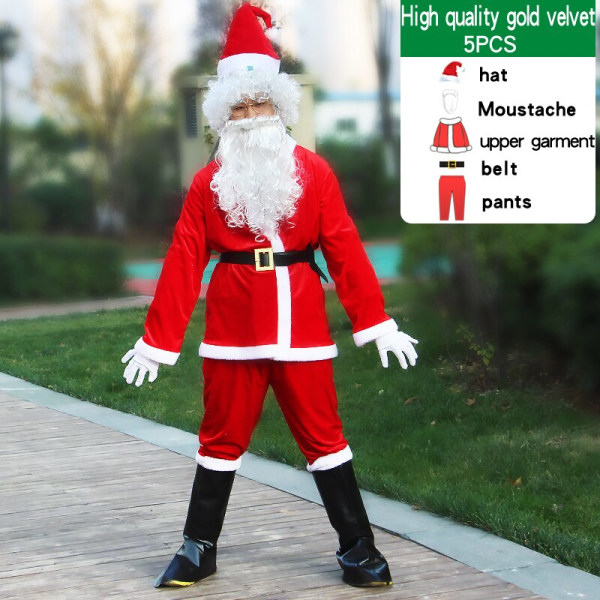 Julemandskostume mænd hat bælte skæg gavepose cosplay sød sjov polyester materiale ny stil Hvid og rød 7PCS 5XL