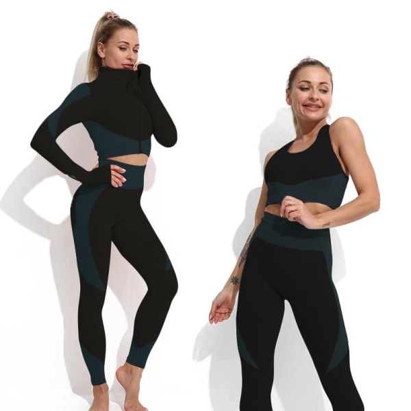Yoga Set Workout gym kläder fitness för träningsoverall för kvinnor Black green S
